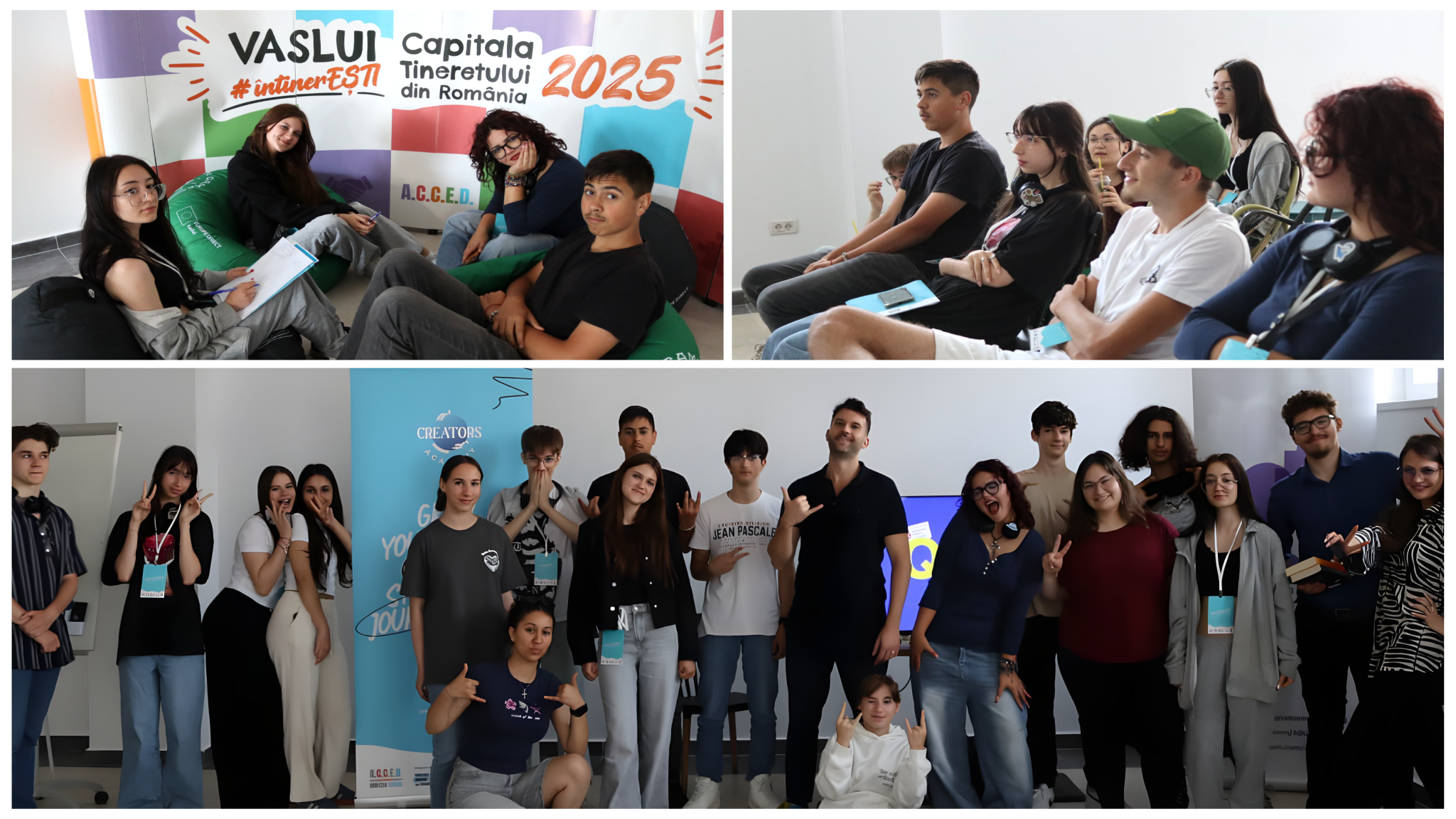 Collage of moments from the Creators Academy workshop in Vaslui, including students brainstorming, a group discussion and the final team photo