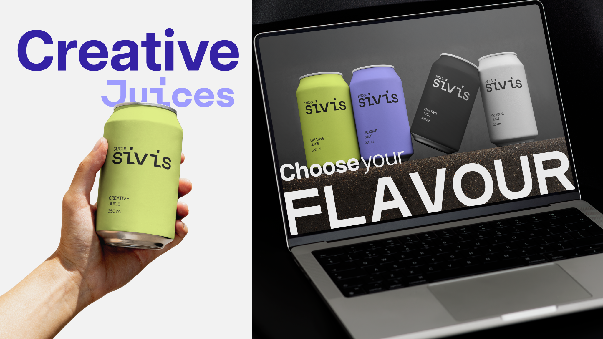 SIVIS Juice branding concept created by Creators Academy students, showing four flavour can designs
