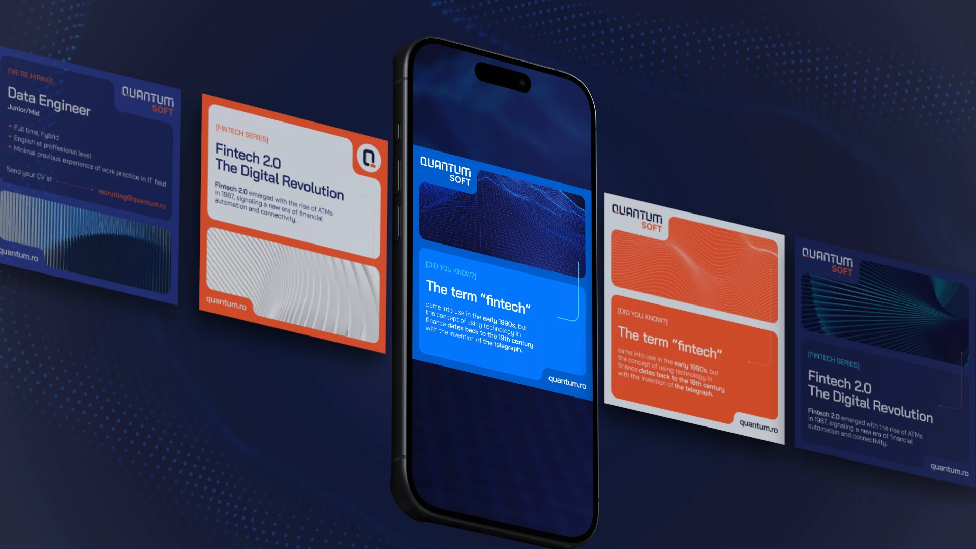 Quantum Soft social media posts and fintech carousel slides displayed on a smartphone