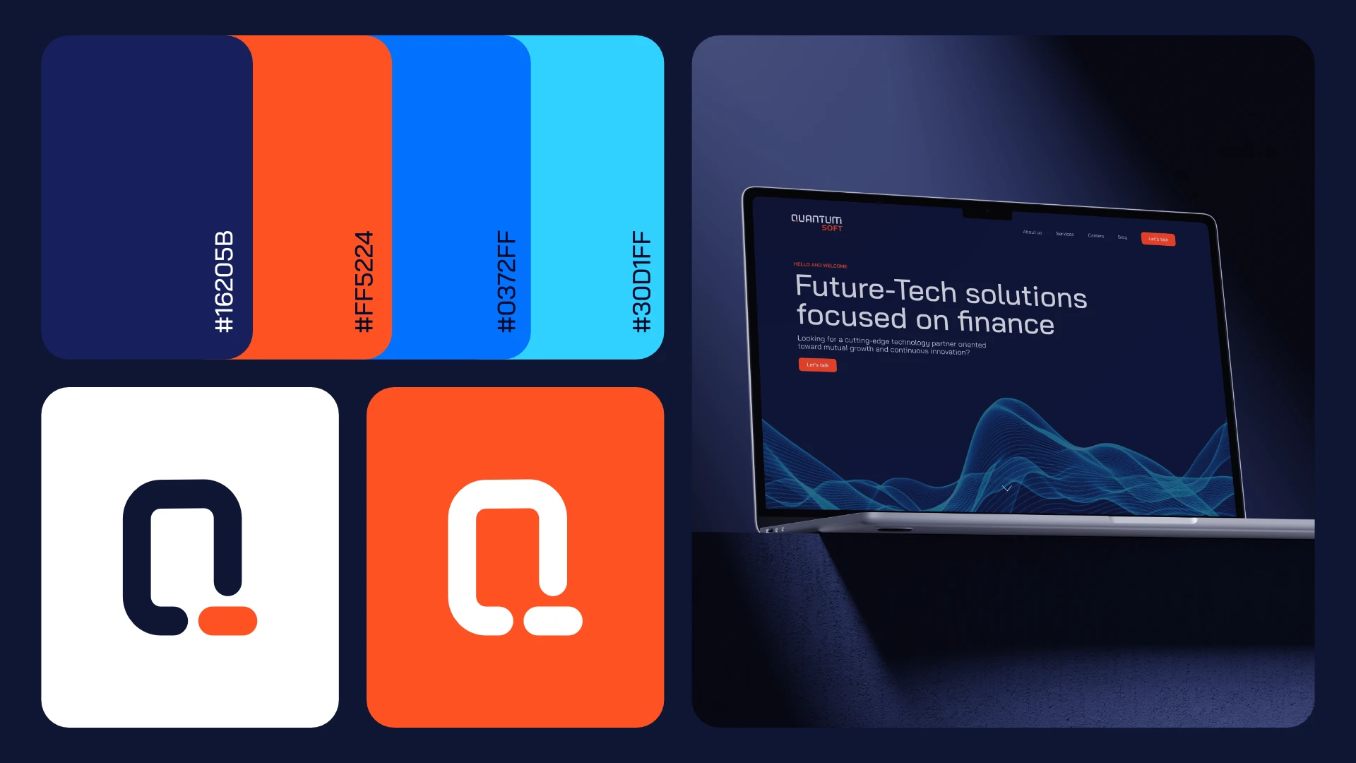 Quantum Soft color palette and logo grid next to website interface mockup on laptop