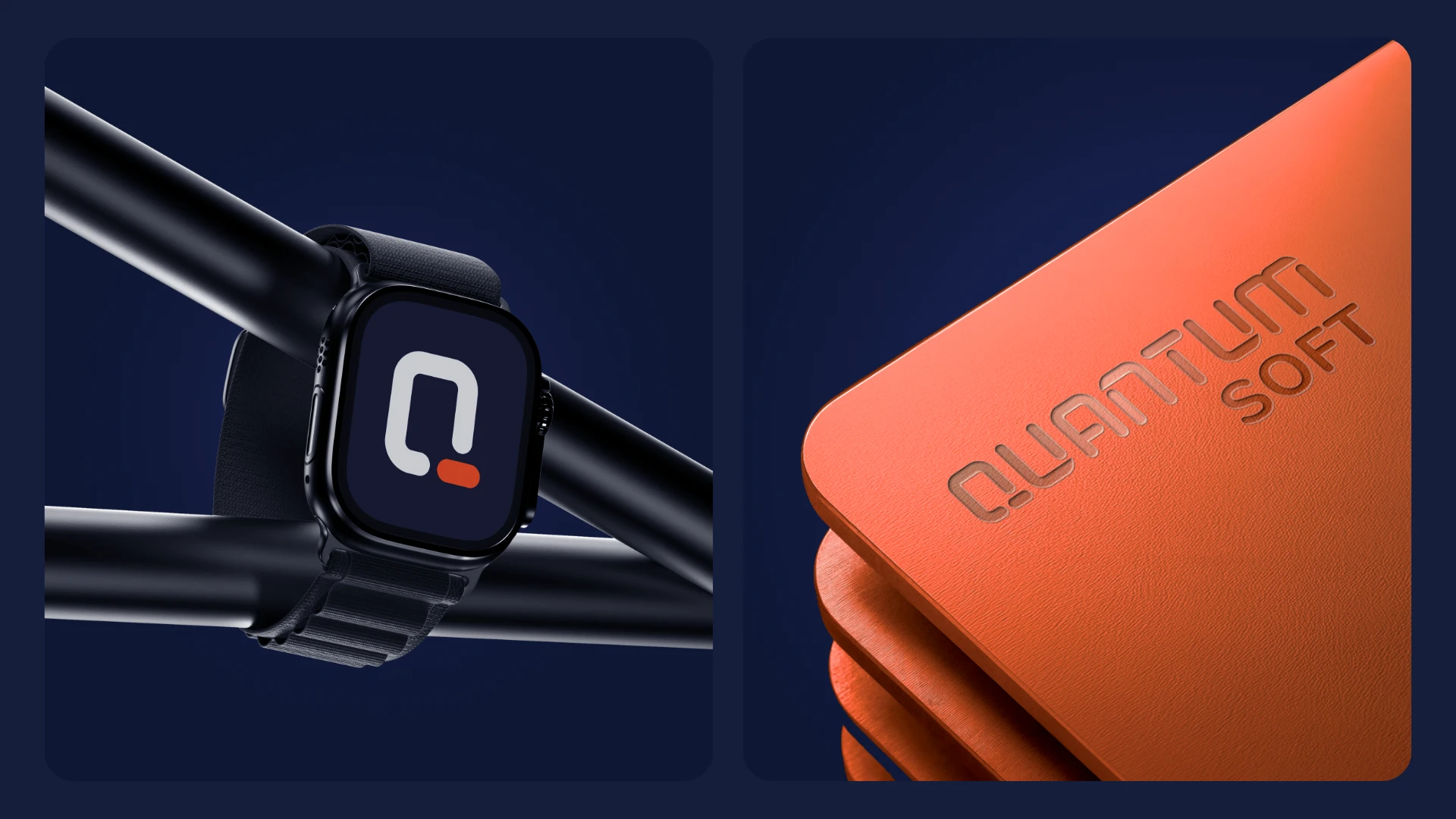 Quantum Soft logo on smartwatch screen next to embossed orange leather notebook