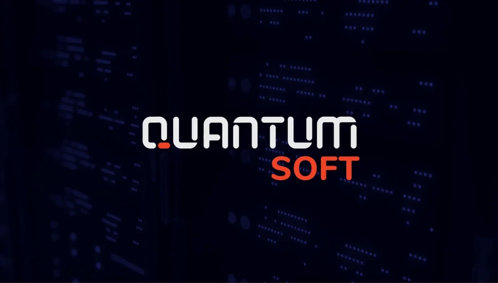 Quantum Soft logo displayed over a dark server room rack setup