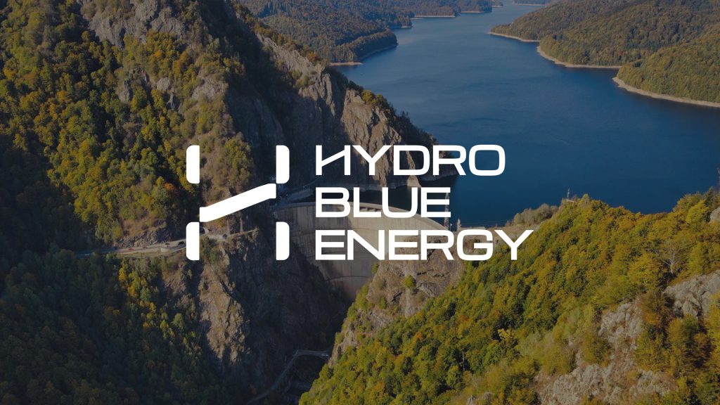Hydro Blue Energy logo over aerial view of a hydropower dam and lake