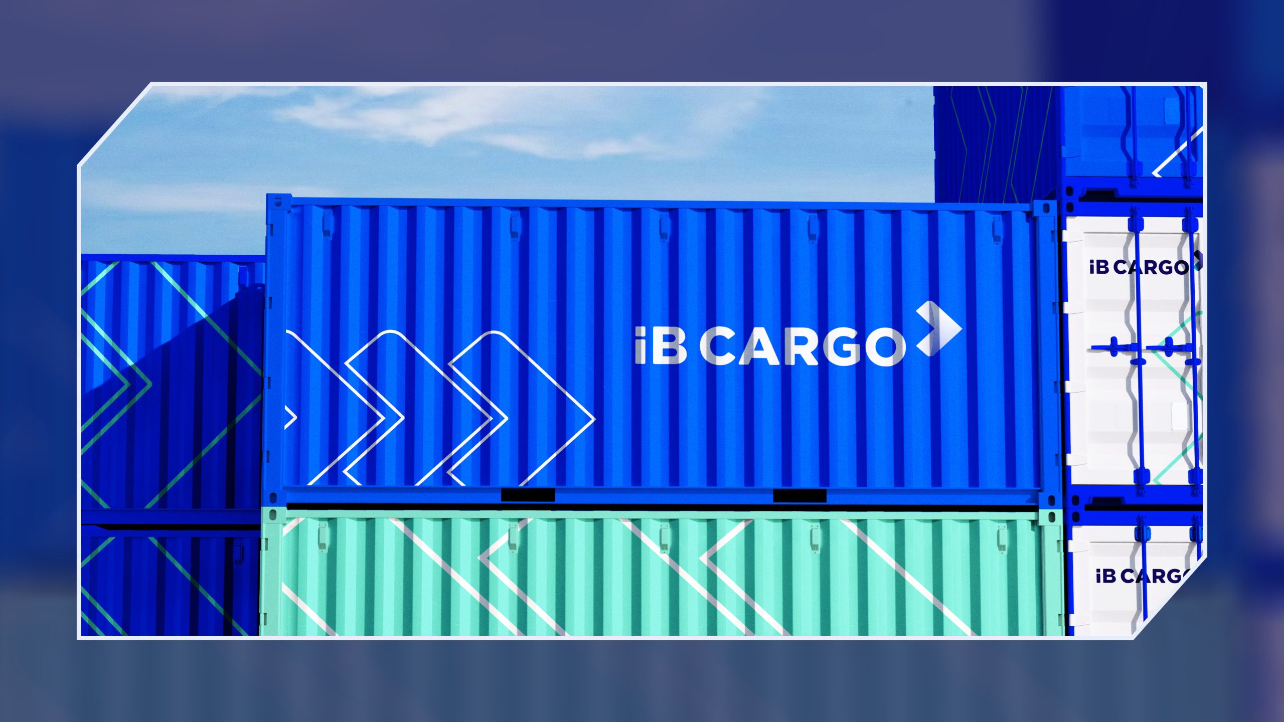iB Cargo branding applied to shipping containers in blue and mint green