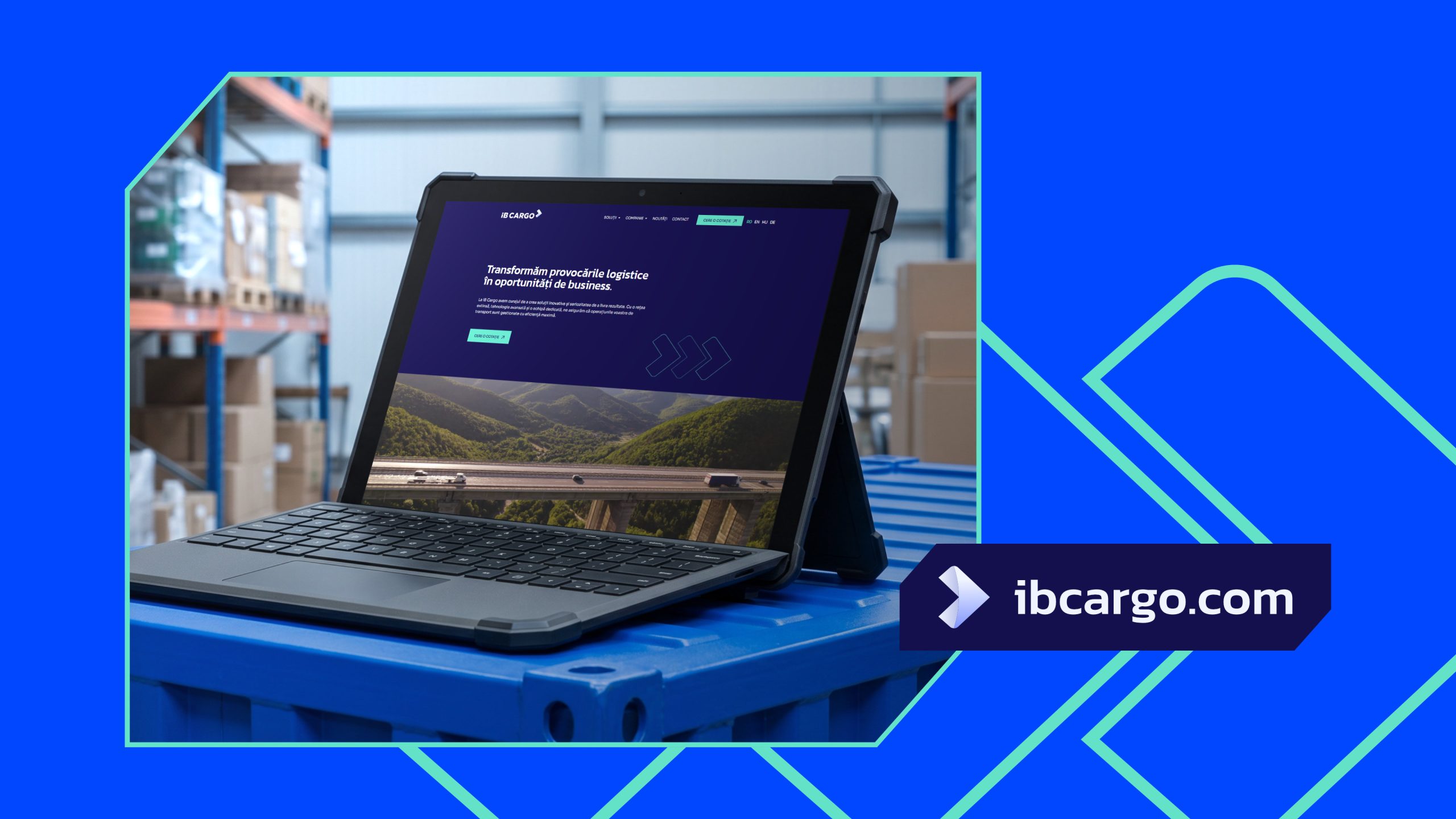 iB Cargo branding applied to shipping containers in blue and mint green