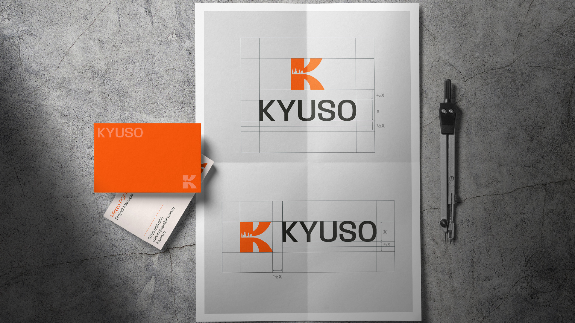Kyuso logo construction grid and business card design in the brand identity guidelines