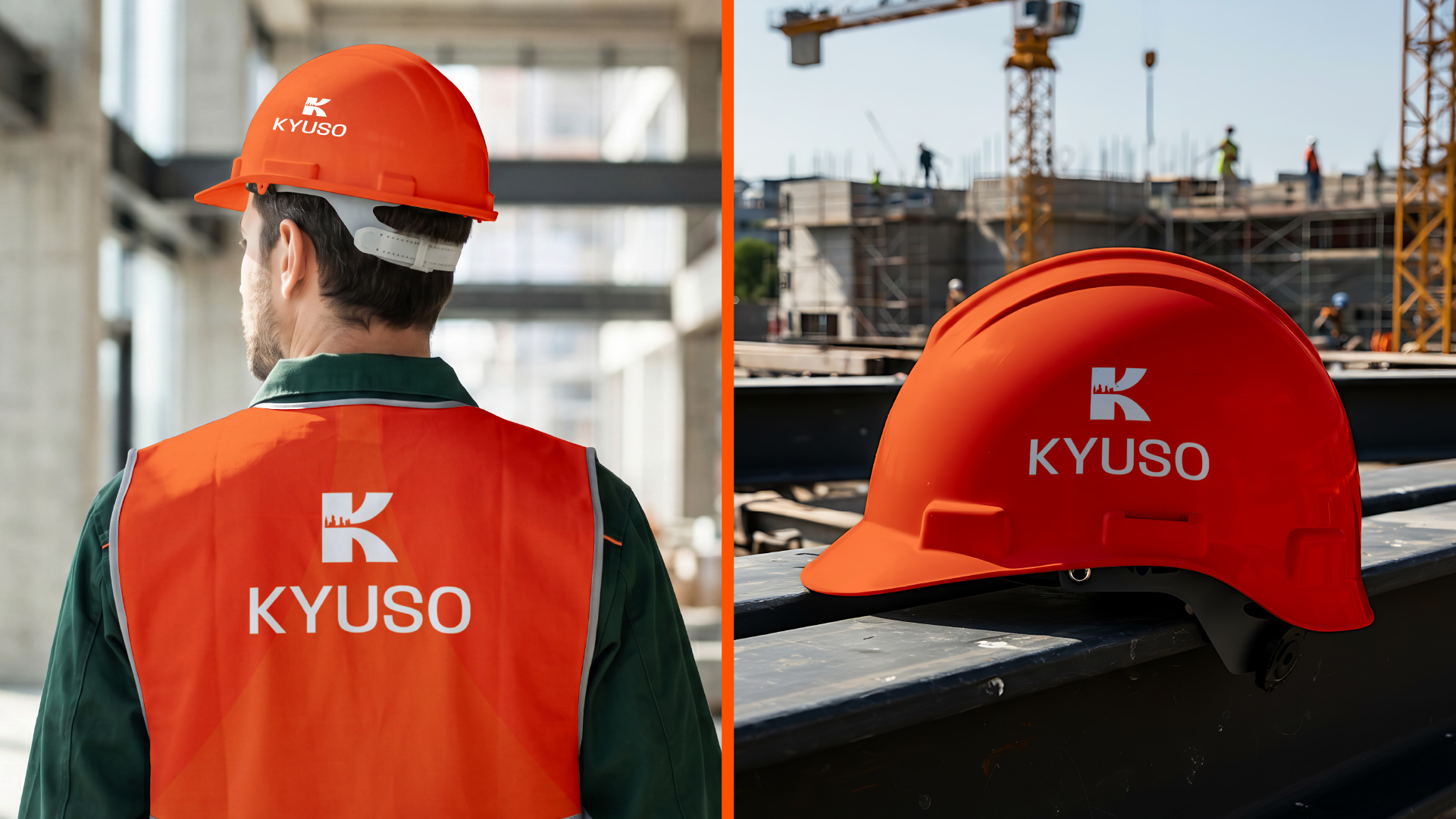 Kyuso branding applied to a safety helmet and hi-vis vest on a construction site