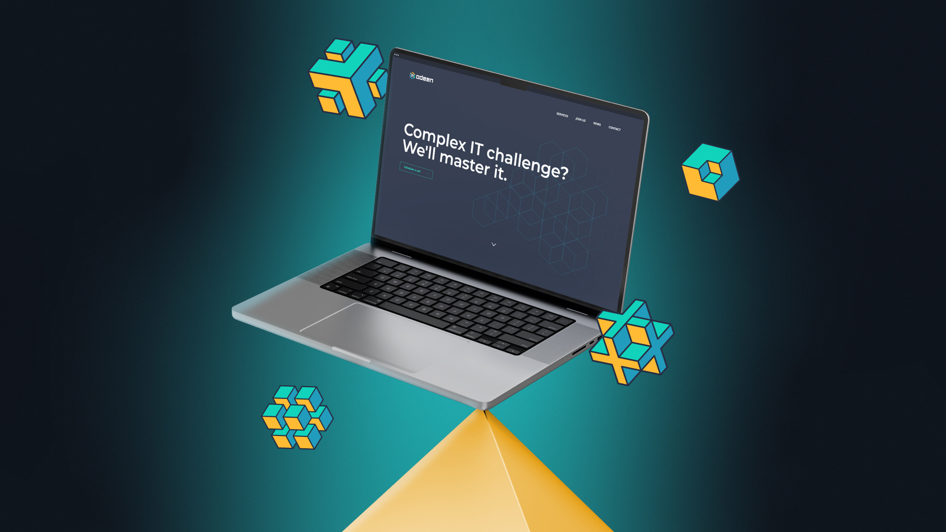 Odeen presentation website hero section on laptop surrounded by 3D geometric shapes
