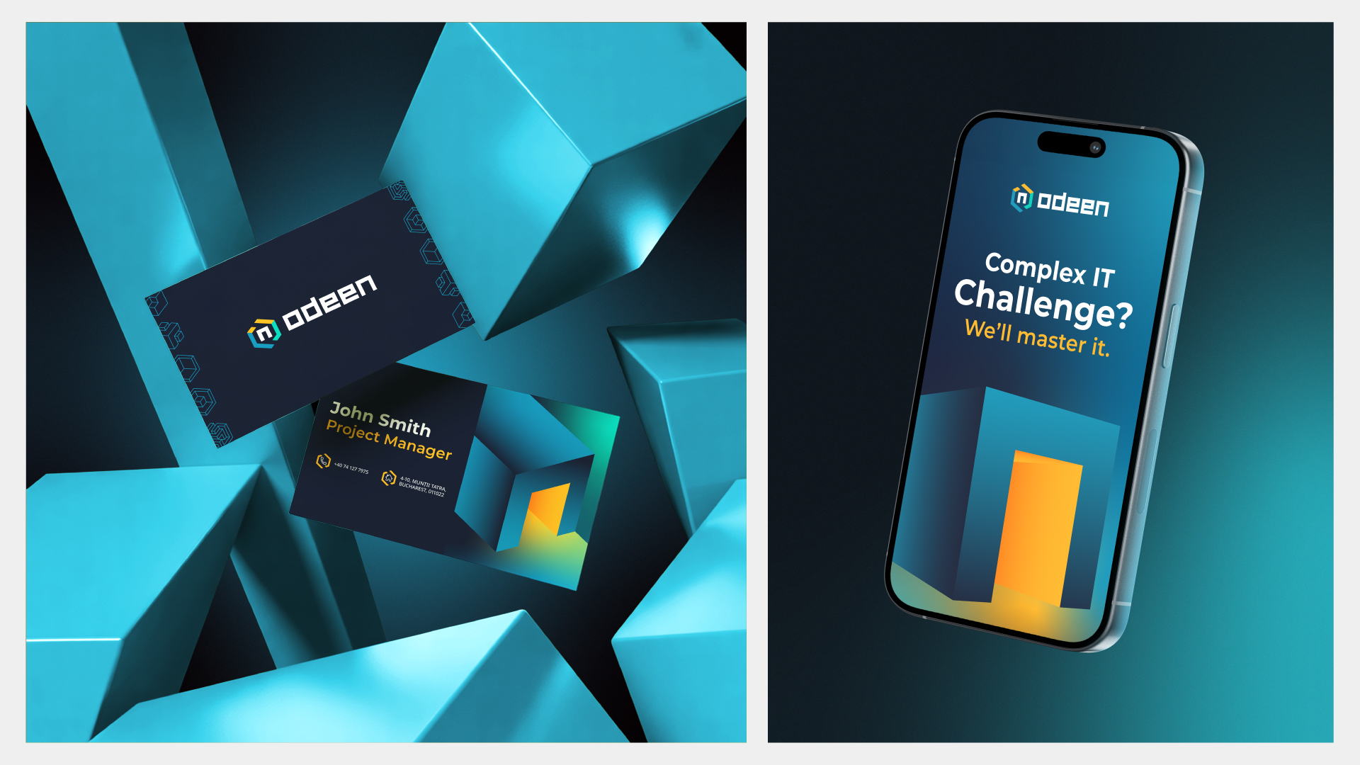 Odeen dark business cards next to mobile presentation interface on smartphone