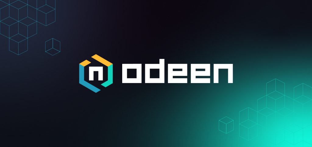 Odeen colorful geometric logomark over a dark grid pattern background