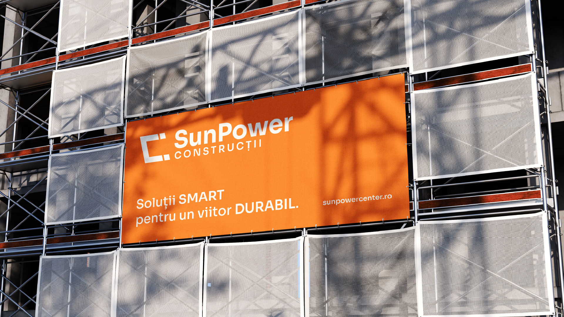 SunPower Construcții outdoor billboard on scaffolding, part of the brand identity strategy
