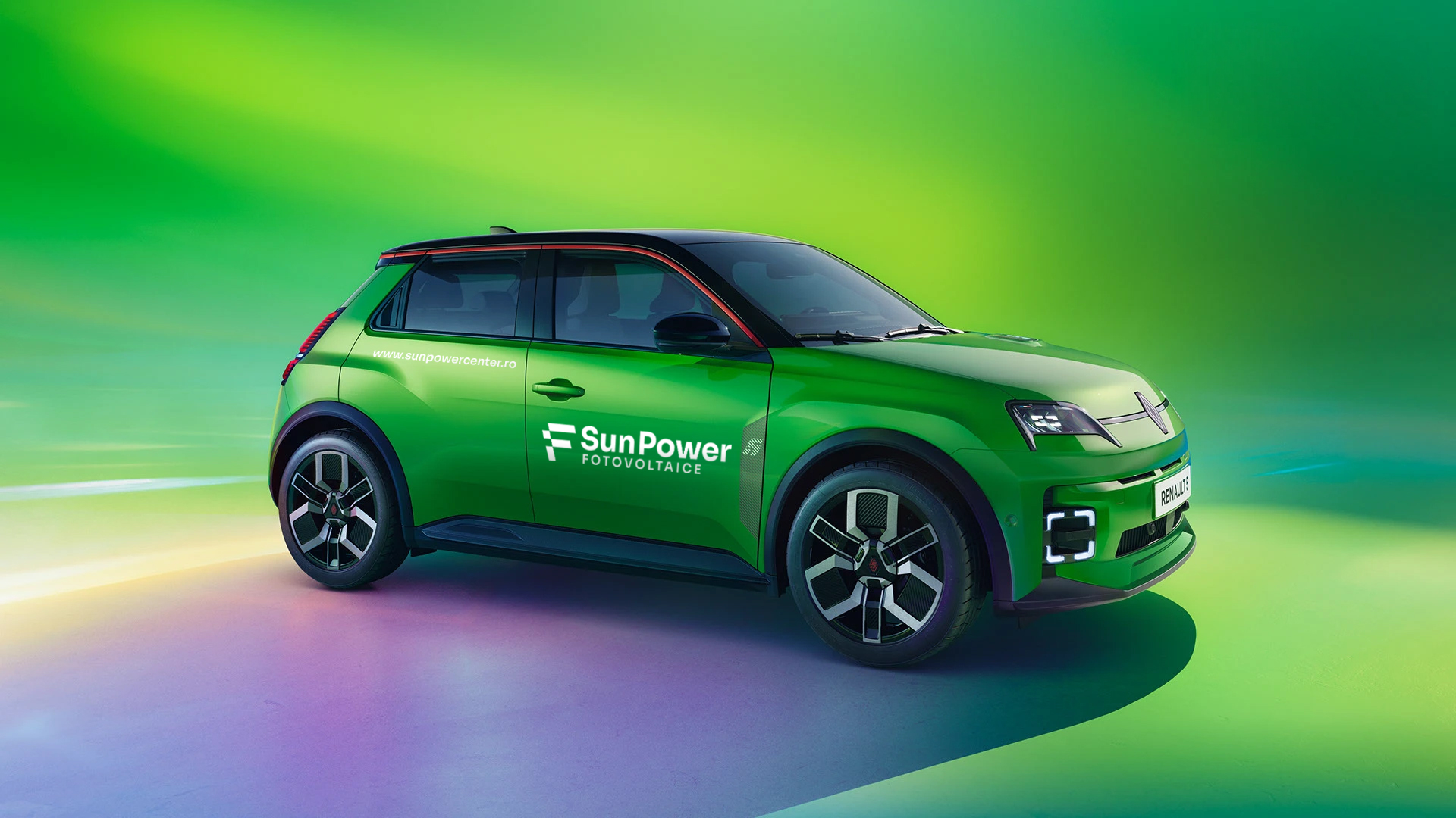 SunPower Fotovoltaice brand identity applied as fleet vehicle livery on a green electric car