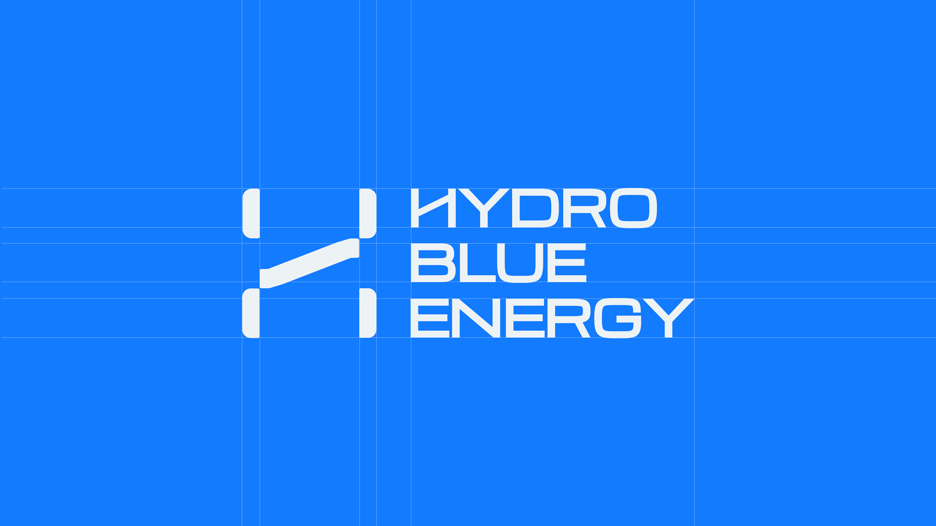 Hydro Blue Energy logo design with brand grid guidelines on blue background