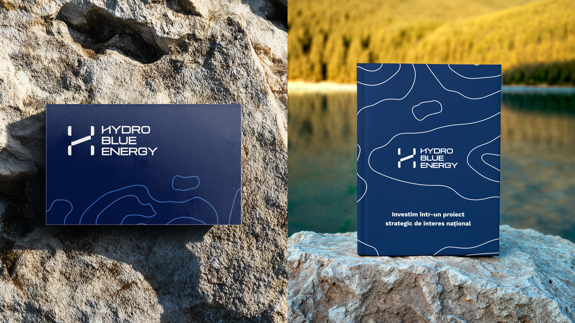 Hydro Blue Energy business card and brochure design with topographic pattern