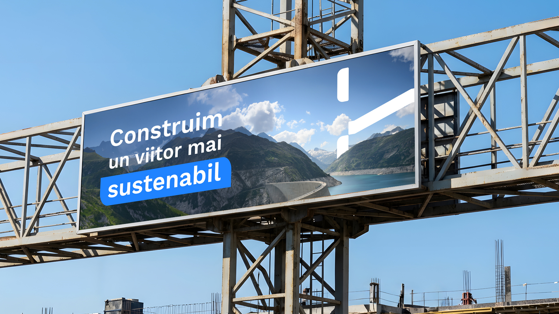 Hydro Blue Energy billboard mockup on a construction site crane