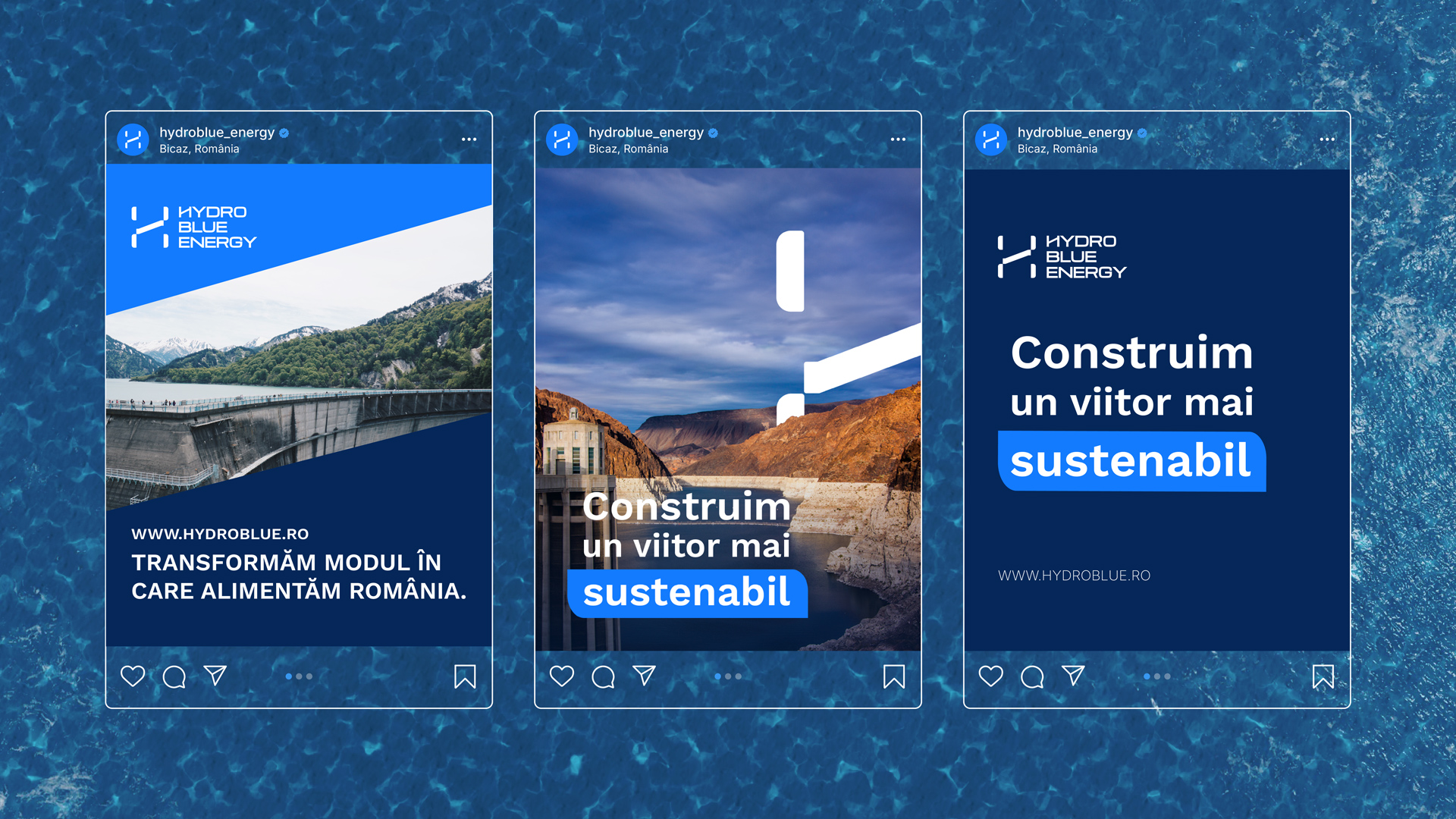 Hydro Blue Energy logo on social media posts with a water background
