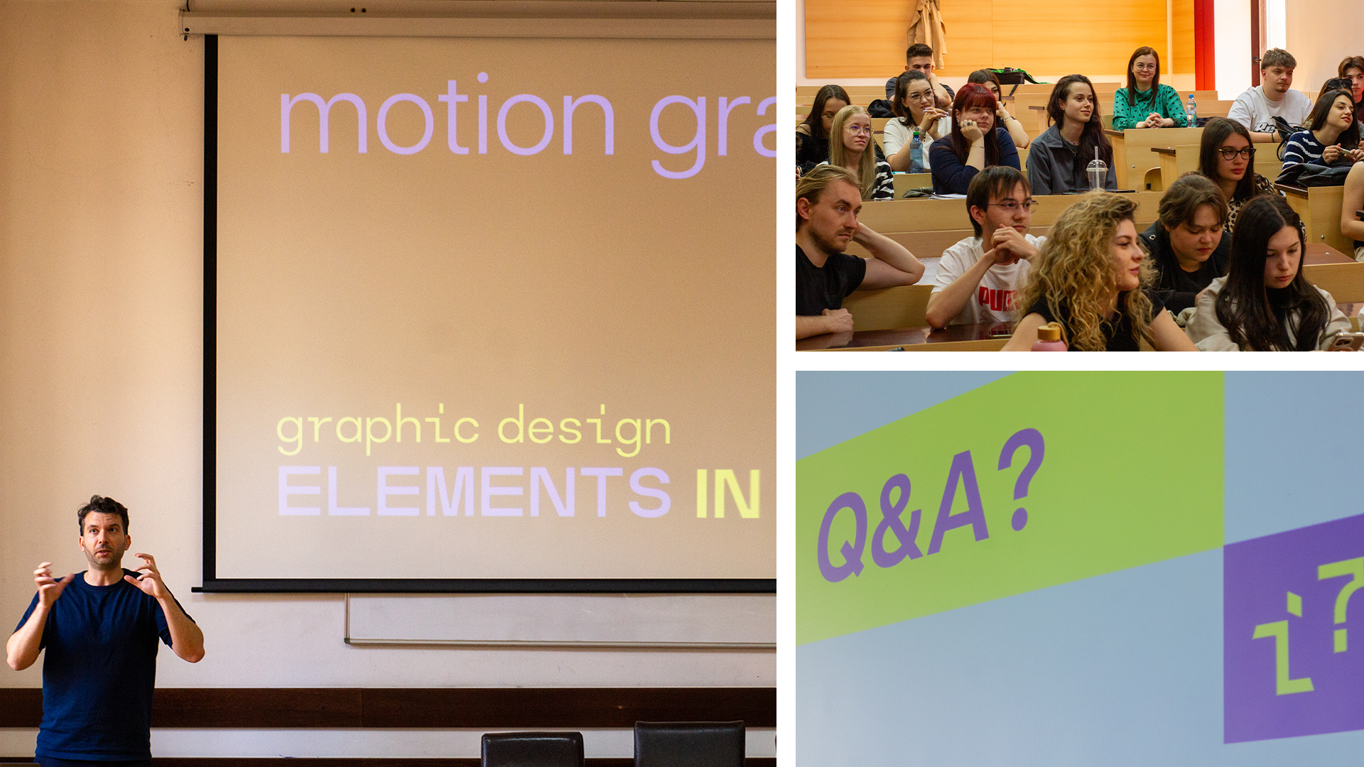 Collage of moments from the Motion Graphics talk at Alexandru Ioan Cuza University of Iași, including the speaker presenting, students in the audience and the Q&A slide
