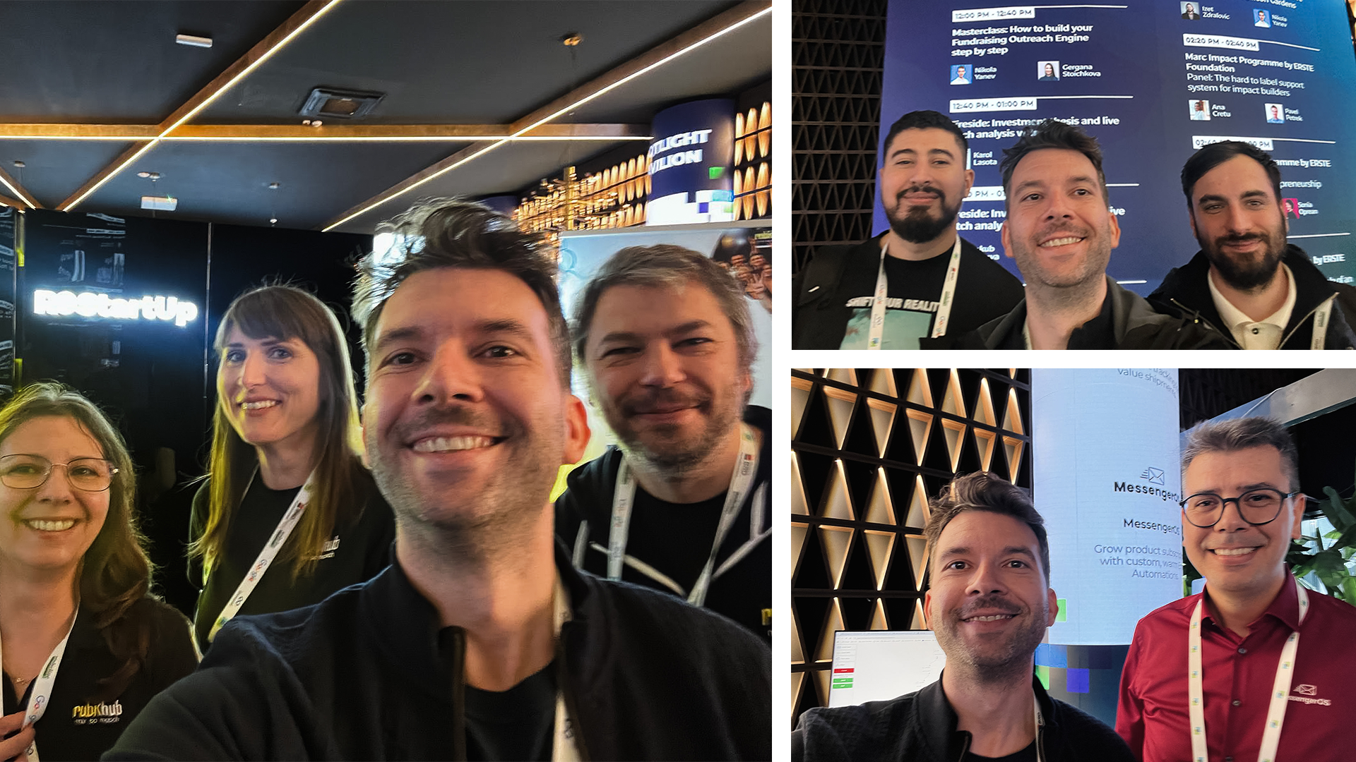 Collage of networking moments from How To Web 2025, including team selfies with conference partners and speakers