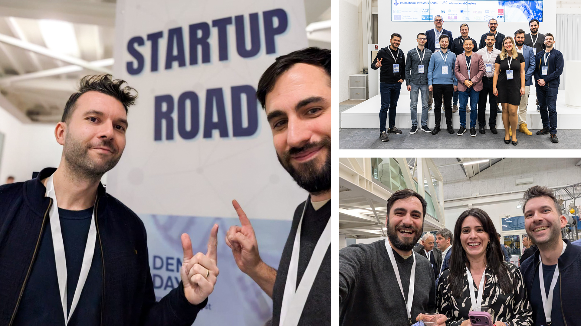 Collage of moments from InnoMedCatalyst Demo Day in Bologna, including the Startup Road sign, panel group photo and team selfie