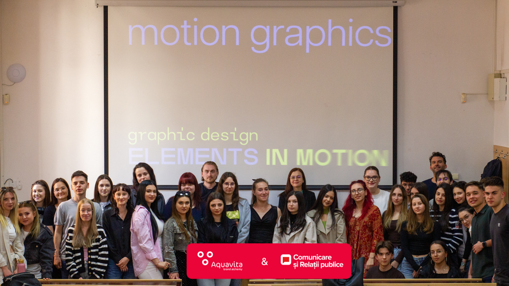 Aquavita speaker and Communication and Public Relations students at the Motion Graphics talk, Alexandru Ioan Cuza University of Iași