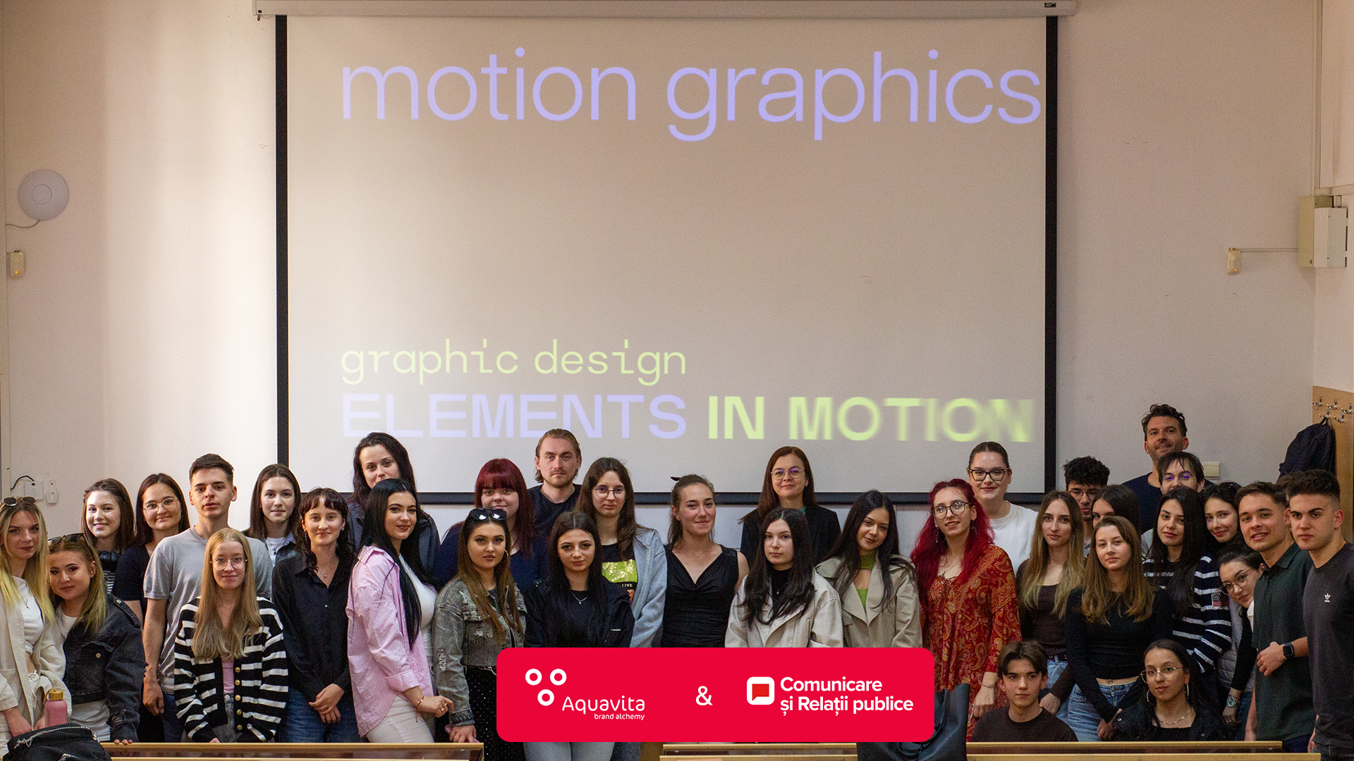 Aquavita speaker and Communication and Public Relations students at the Motion Graphics talk, Alexandru Ioan Cuza University of Iași