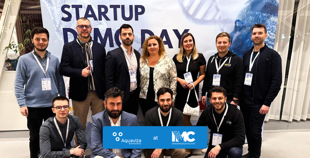 Aquavita and InnoMedCatalyst team photo at Startup Demo Day event in Bologna